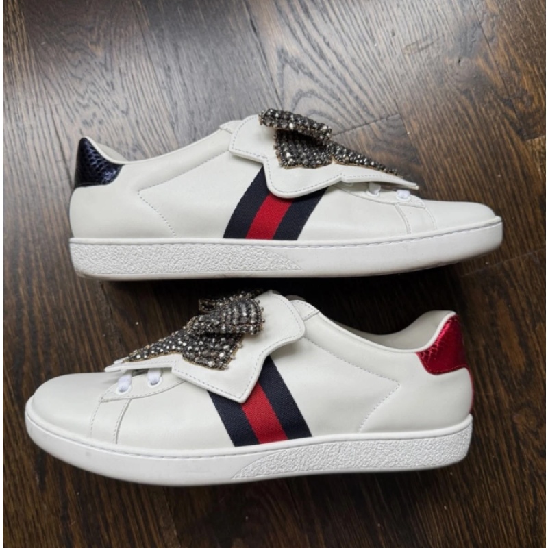Gucci White Leather Sneakers with Crystal Bow Accent EU 38.5