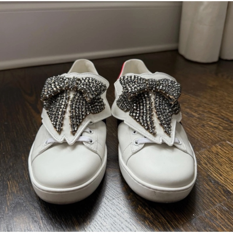 Gucci White Leather Sneakers with Crystal Bow Accent EU 38.5