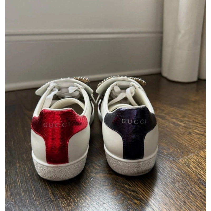 Gucci White Leather Sneakers with Crystal Bow Accent EU 38.5