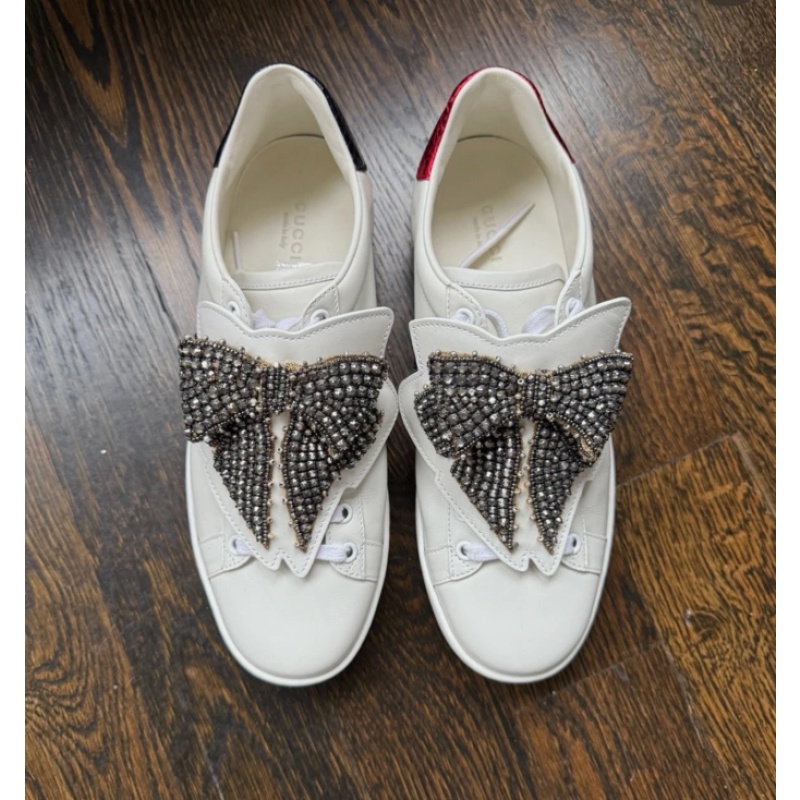 Gucci White Leather Sneakers with Crystal Bow Accent EU 38.5